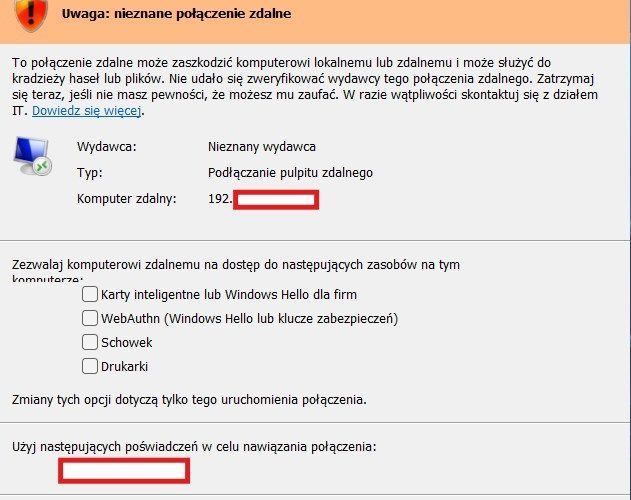Informacje o ostrzeżeniach dotyczących zabezpieczeń podczas otwierania plików Remote Desktop (RDP)